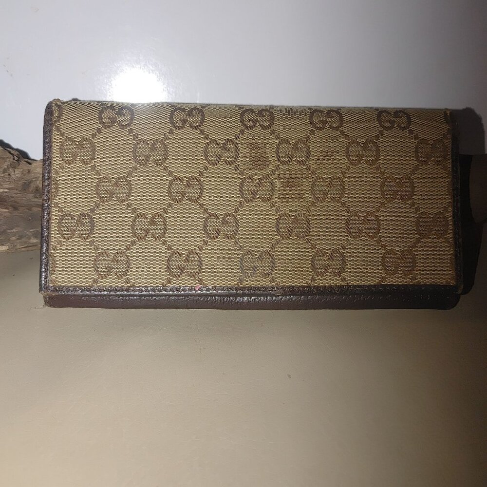 Gucci Logo Long Wallet Brown MonogramCanvas Leather Vintage Fair - Picture 1 of 16